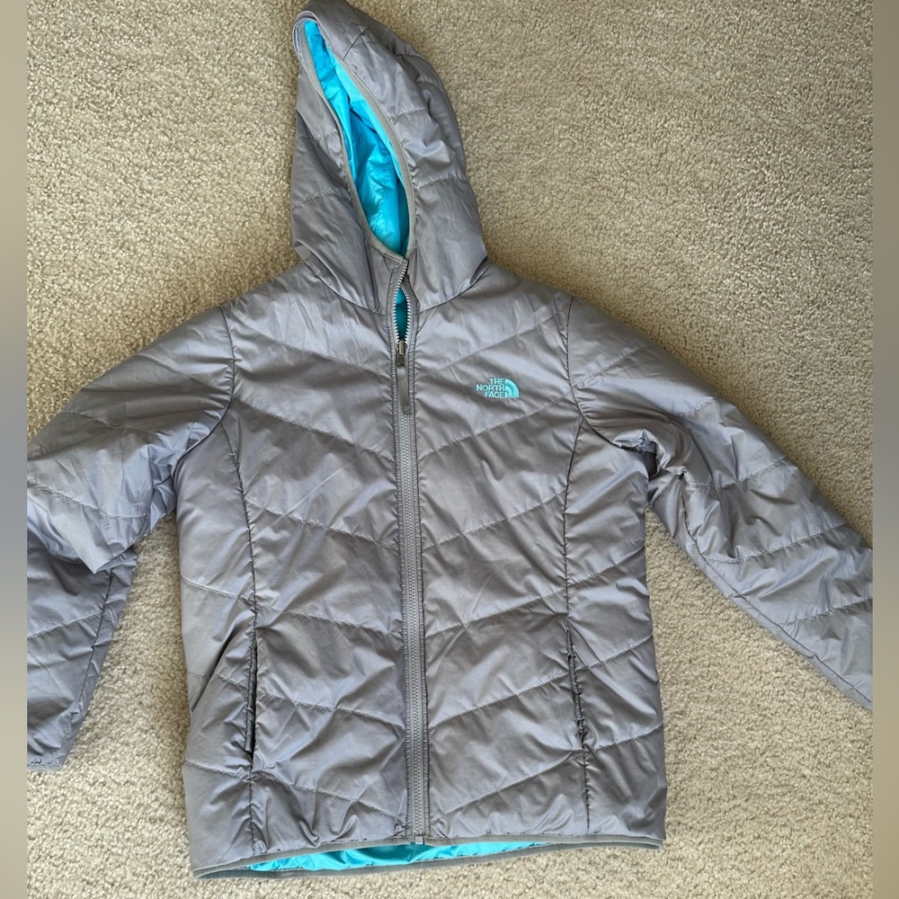 The North Face youth girls reversible puffer hooded zip up jacket size XL
